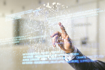 Poster - Male hand clicks on abstract virtual creative code skull hologram on blurred office background, theft of personal data and malware concept. Multiexposure
