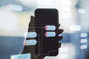 Poster - Double exposure of abstract programming language hologram and hand with cell phone on background, research and development concept