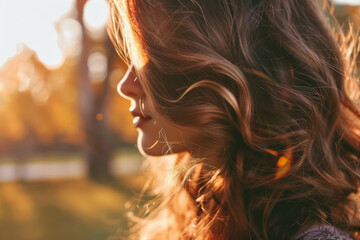 Wall Mural - A woman with long brown hair, styled in soft waves and curls.