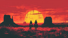 Silhouetted Cowboys On Horses In A Desert At Sunset With Warm Red Sky And Mesas, Ai Generated