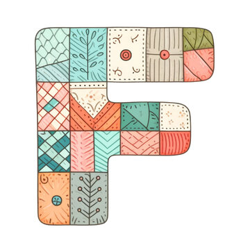 The letter F is made up of many different pieces of fabric. It is a colorful and playful design