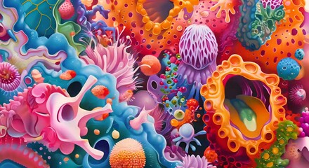 Wall Mural - A vibrant, abstract painting of a digestive enzyme unlocking nutrients from food, surreal