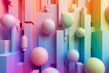 Poster - geometric abstraction with a cool color scheme. The shapes are cones and spheres