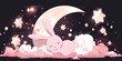 lovable anime character rabbit with stars and it was laying on a moon painting and solid background