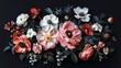 Lovely arrangement of vintage flowers on black floral background.