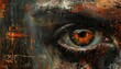 A painting of an eye with bright orange iris and dark sclera. The eye is surrounded by dark, splotchy paint.