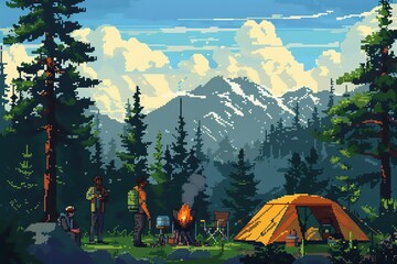 pixel art of a camping scene with a tent, campfire, and mountains in the background
