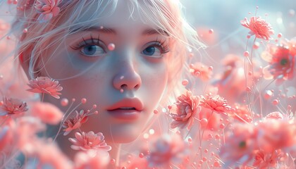 A 3D image of a woman surrounded by a soft, pastel floral landscape. generative ai