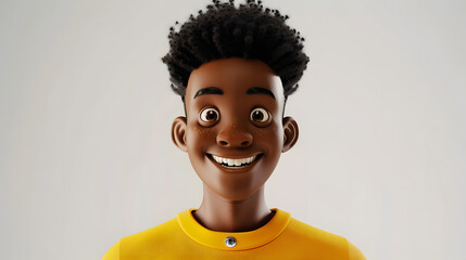 Wall Mural - Smiling African cartoon character young man male person portrait wearing yellow sweater in 3d style design on light background. Human people feelings expression concept