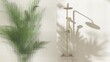 Gold rain shower, adjustable shower head, green palm tree, reeded fluted glass partition in sunlight on cream wall bathroom for modern, elegant interior design decoration, product background 3D