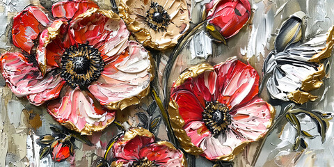 Wall Mural - Red anemone oil painting. Illustration with beautiful spring flower.