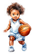 Watercolor and painting cute African American baby doll girl cartoon is playing basketball
