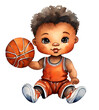 Watercolor and painting cute African American baby doll boy cartoon is playing basketball
