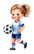 Watercolor and painting cute Caucasian baby doll girl cartoon is playing soccer or Football