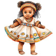 Watercolor and painting cute African American or Ethiopian tribe baby doll girl cartoon in National tribal ethnic costume