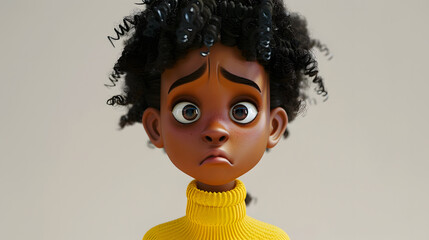 Wall Mural - Sad stressed upset African cartoon character girl teen young woman person wearing yellow sweater in 3d style design on light background. Human people feelings expression concept