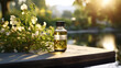 3D presentation of biotin supplements for skin, blurred garden at dusk,