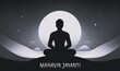 Black and white illustration for mahavir jayanti with silhouette of mahavira in a meditation.