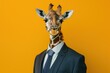 Giraffe in a business suit with a tie on a yellow background.