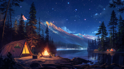 A group of friends camping under the stars beside a shimmering alpine lake