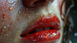 Rain Drops On Gorgeous Women Red Lips With Red Lipstick Background Blur