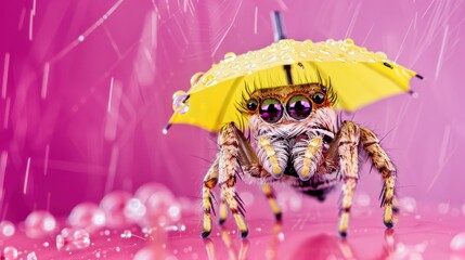 An umbrella and a jumping spider with shining eyes