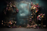 Fototapeta  - Maternity backdrop, wedding backdrop, photography background with delicate flowers and vintage door.