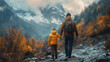 father with little son on a hike among the mountains