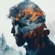 a person with mountains in impressive double exposure image