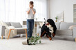 Shocked little boy with overturned flowerpot and Bernese mountain dog at home