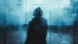 Mysterious figure behind fogged glass, inducing uncertainty