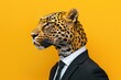 Leopard head on a human body in a business suit against a yellow background.