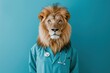 Lion head on a human body in a doctor's uniform against a blue background.