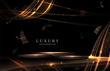 Wall Mural - Dark composition with a podium and ribbons of gold and copper shades on a black background.