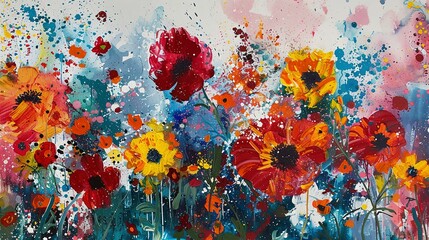 Poster - Dynamic abstract shapes and splashes in bold floral colors, representing a wildflower meadow in full bloom. 