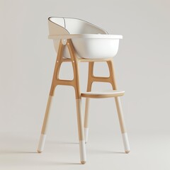 Baby high chair in minimalist white and light wood design, contemporary style, 3D illustration on a white background.