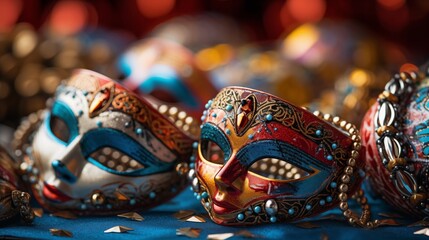 Wall Mural - Close-up of carnival-themed party favors like masks and beads