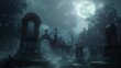 Moonlit Graveyard - Tombstones Standing Sentinel in Gothic Landscape