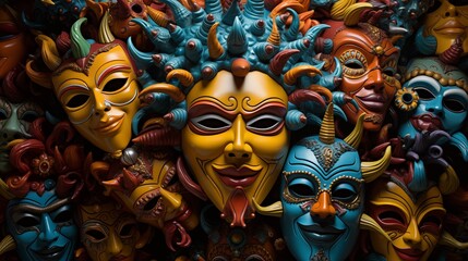 Wall Mural - Colorful carnival masks arranged in a vibrant display