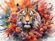Beautiful digital Illustration of Big Cat Tiger with Flowers Splash background 