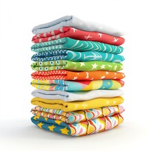 Stack Of Colorful Cloth Diapers, Various Patterns Visible, Neatly Arranged, 3D Illustration Isolated On White.