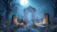 Cemetery Night 4K Looping Video With Gothic Tombstones