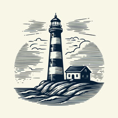 hand drawn lighthouse old engraving vector illustration style. lighthouse vintage illustration logo,