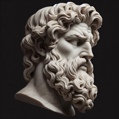 Handsome marble statue of powerful greek god Zeus over dark background, The powerful king of the gods in ancient Greek religion.