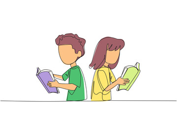 Poster - Single one line drawing kids are very focused on reading a book. Reading fiction story books during school holidays. Book festival concept. Very good habit. Continuous line design graphic illustration