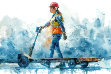 Wall Mural - Blue watercolor of A female builder in safety helmet and reflective vest