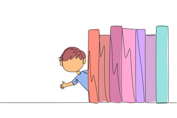 Poster - single continuous line drawing a boy appears from behind a row of books. invitation to read books at