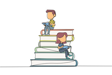 Poster - single continuous line drawing happy kids sitting on a pile of books reading a book. high interest i