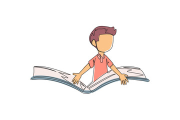 Poster - Continuous one line drawing the boy pops out from the middle of the book. Imagine the storyline. Experience a storybook adventure. Book festival concept. Single line draw design vector illustration