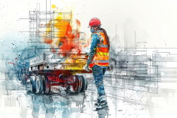 Wall Mural - Colorful watercolor of A female builder in safety helmet and reflective vest